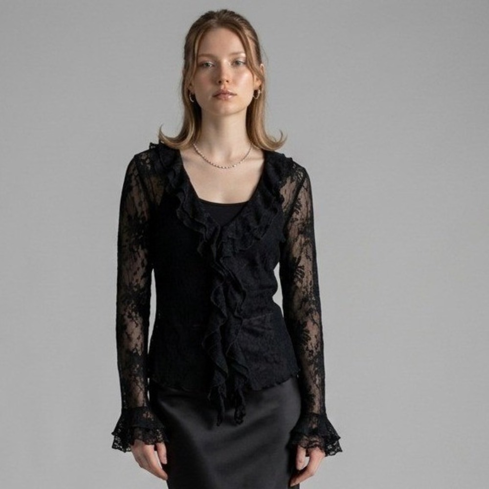 Newport News Black Sheer Floral Lace Ruffle V-Neck Bell Sleeve Top Large Y2K
